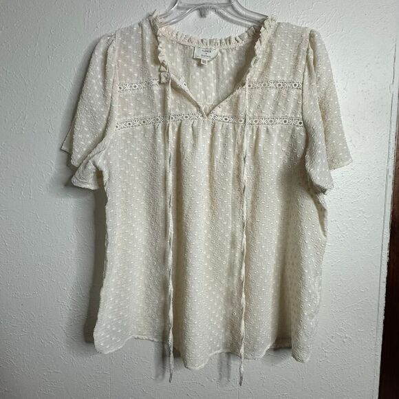 FLOWER & FEATHER Tops - Flower & Feather Woman's 2X Tan & White Swiss Dot Short Ruffled Sleeve Blouse